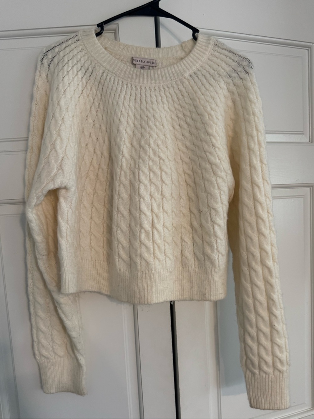 Sincerly Jules Cream Cable-Textured Crewneck Sweater